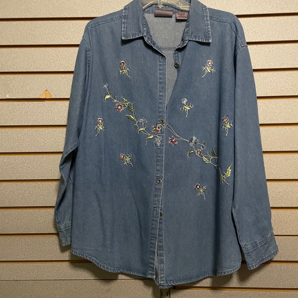 Premier International Denim Shirt Embroidered Floral‎ Button Down Top Size L